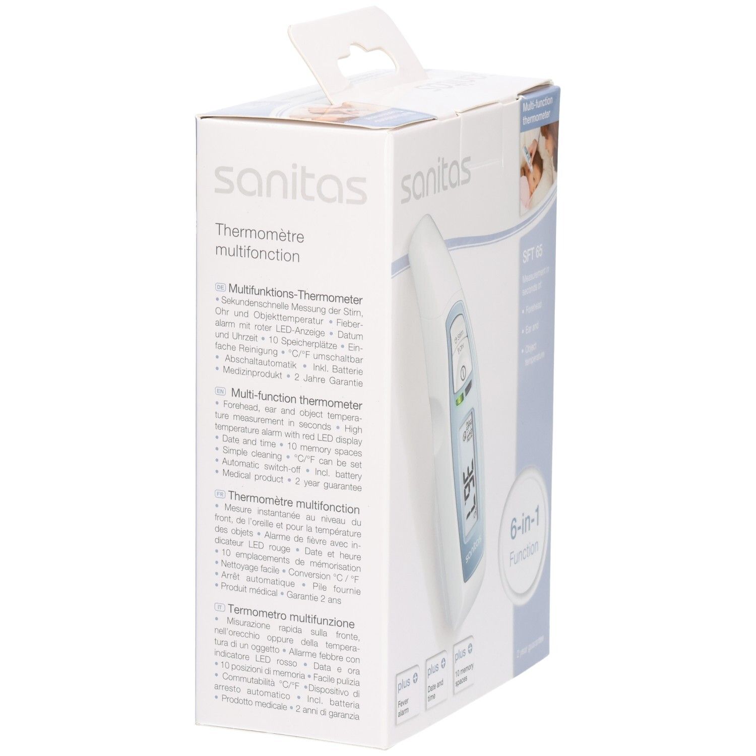 Verpackung des Sanitas SFT 65 Thermometers. Seitenansicht mit Produktinformationen, Logo und Barcode.