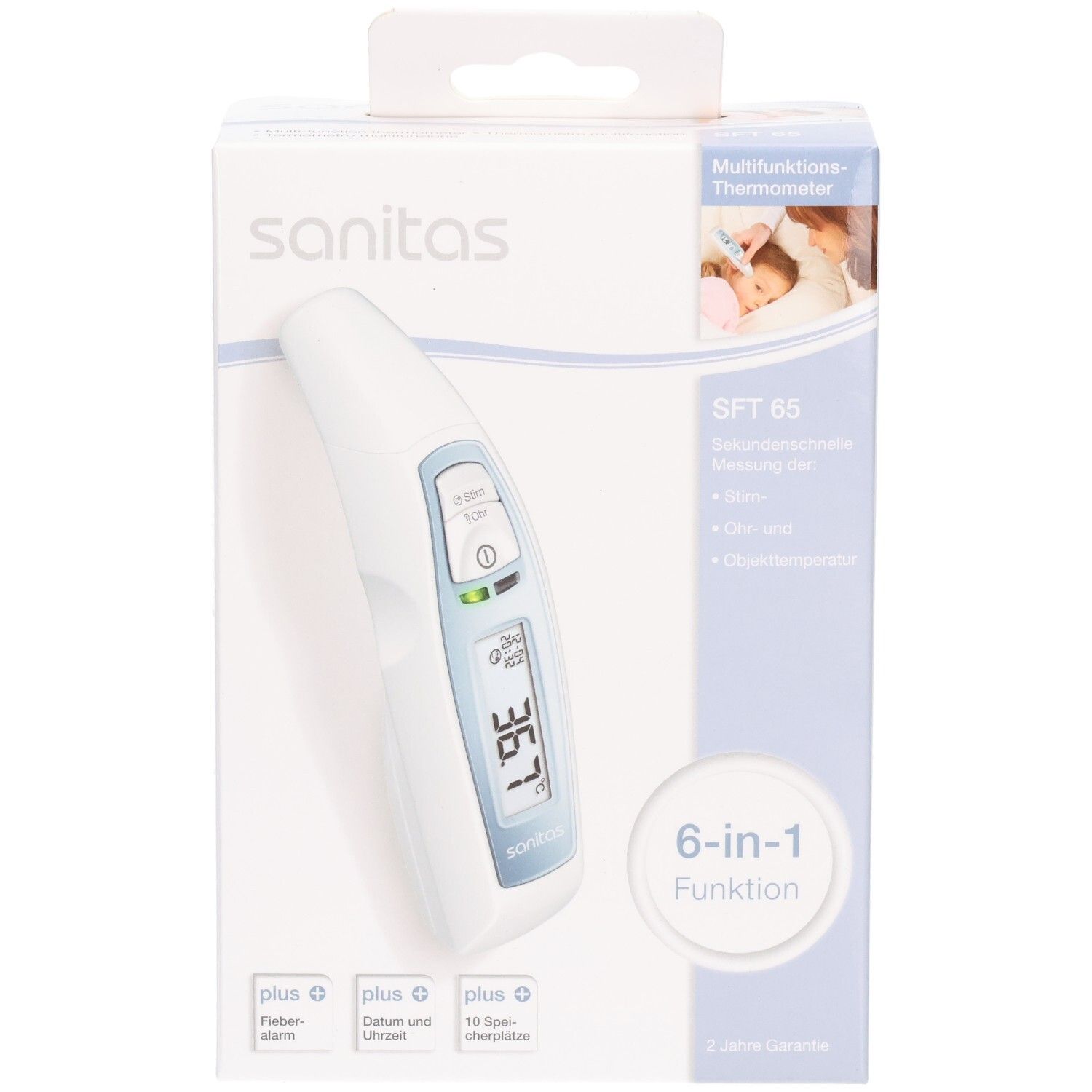 Sanitas SFT 65 Thermometer in Verpackung. Weißes Gerät mit Display, in weißer Box mit Produktinformationen und Logo.