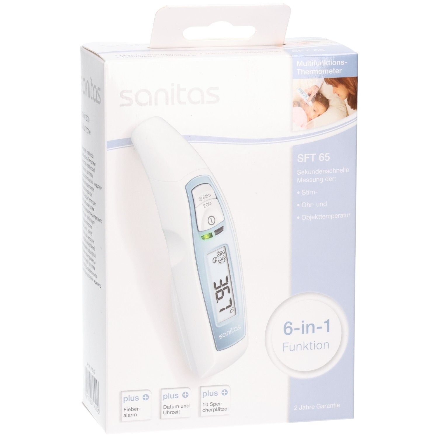 Sanitas SFT 65 Thermometer in Verpackung. Weißes Gerät mit Display, in weißer Box mit Produktinformationen und Logo.