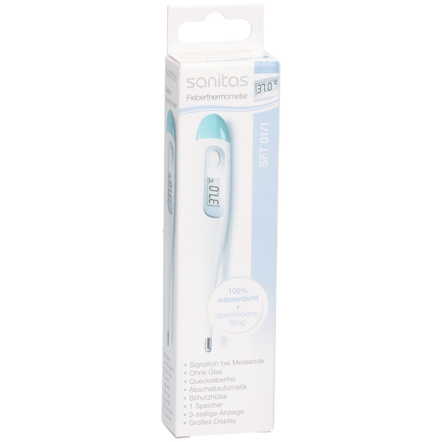 Sanitas Fieberthermometer SFT 01/1 in Verpackung, digital, wasserdicht.