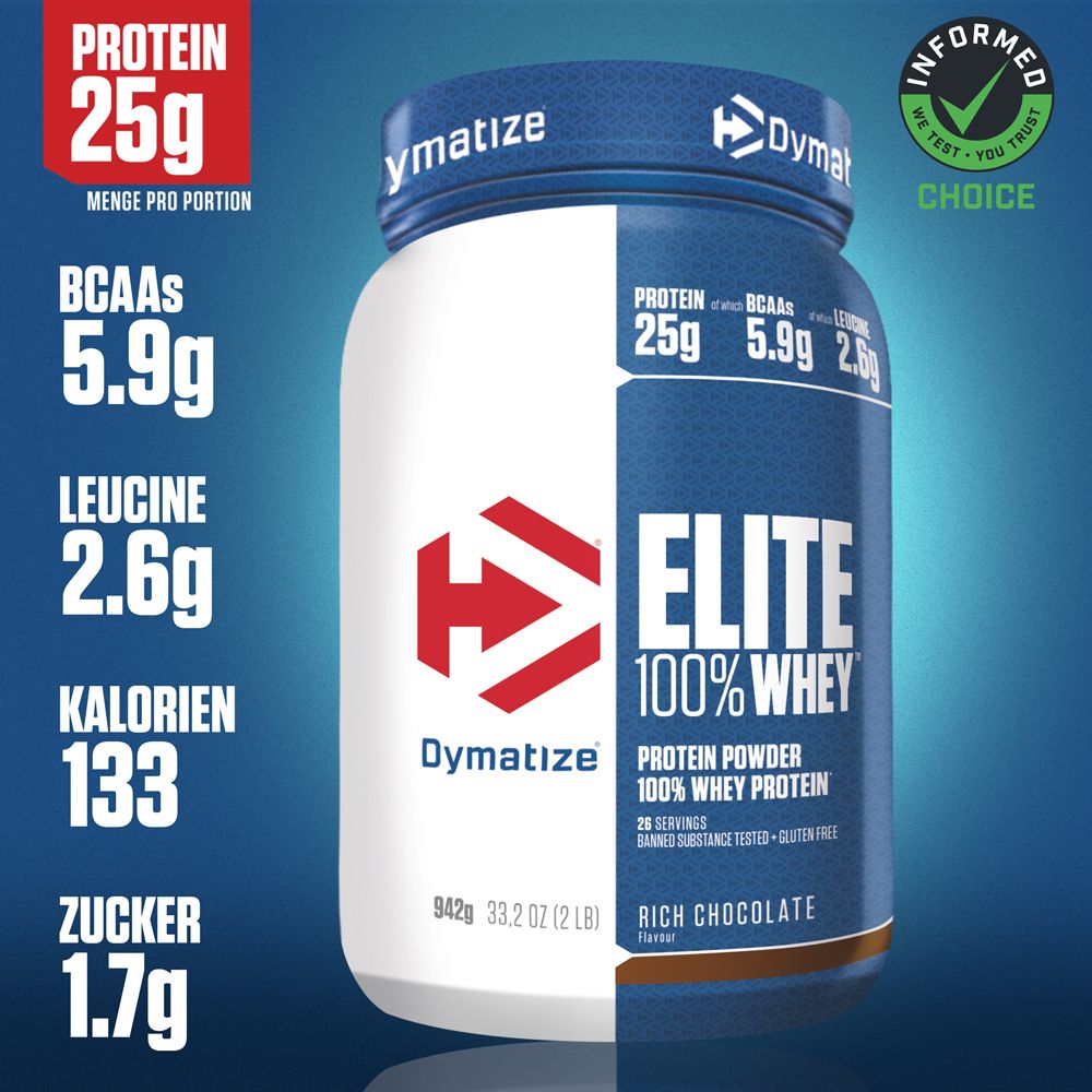 Dymatize Elite 100% Whey Protein Pulver, Rich Chocolate. Nährwertangaben pro Portion: 25g Protein, 5.9g BCAAs, 2.6g Leucin.