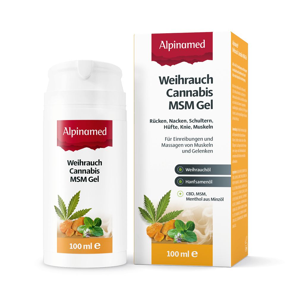 Alpinamed Weihrauch-Cannabis-MSM Gel und Verpackung. 100 ml. Vegan-Siegel. Produktinformationen.
