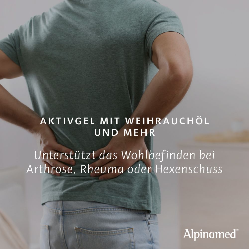 Mann mit Rückenschmerzen. Text: Aktivgel mit Weihrauchöl und mehr. Alpinamed.