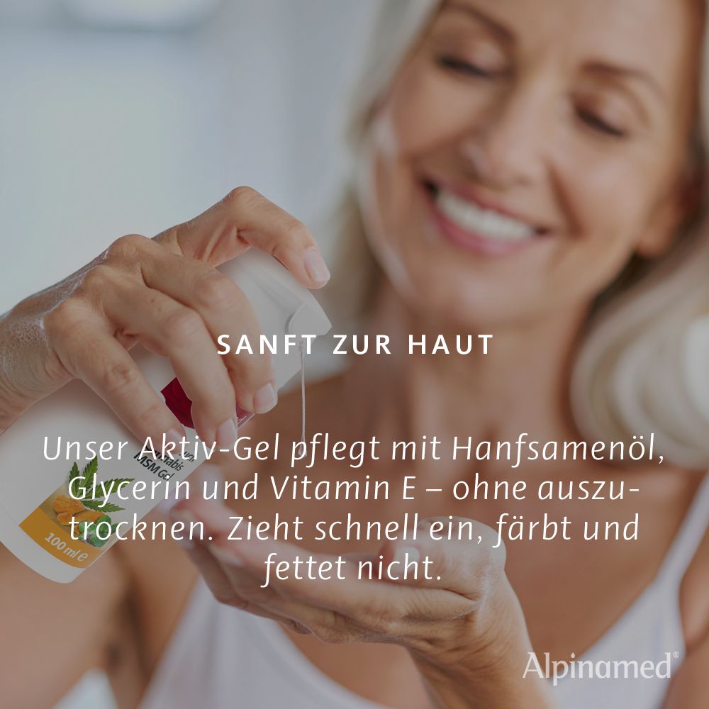 Frau mit Gel. Text: Sanft zur Haut. Unser Aktiv-Gel pflegt mit Hanfsamenöl. Alpinamed.