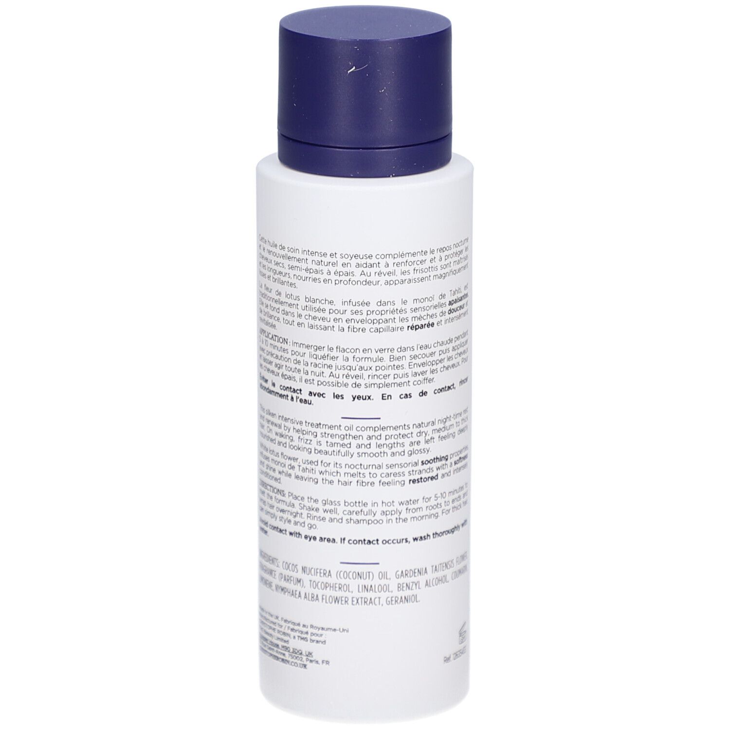 Weiße Flasche mit blauem Deckel. Text: Christophe Robin, Monoï de Nuit Réparateur, Night Recovery Monoï Oil. Inhaltsstoffe und Anwendung.