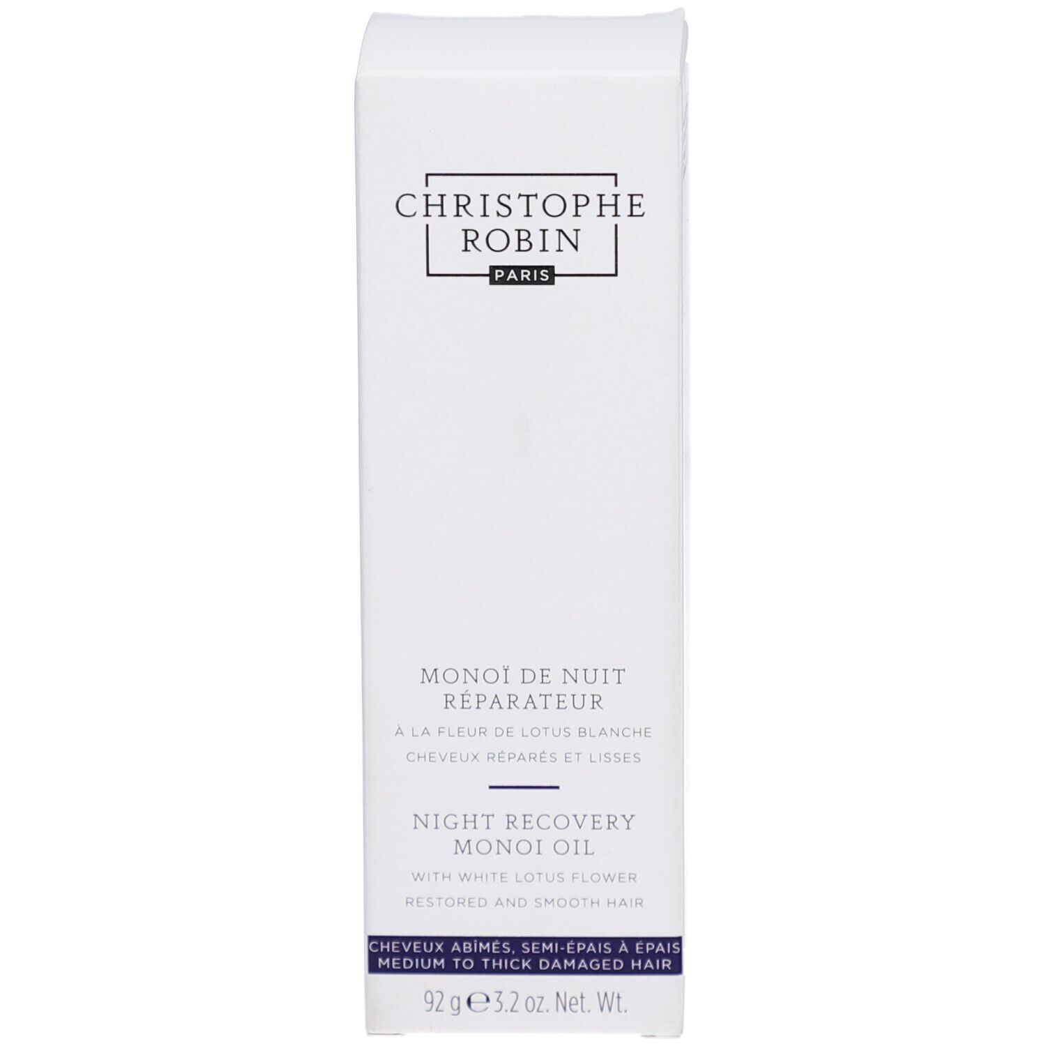 Weiße Schachtel. Text: Christophe Robin, Monoï de Nuit Réparateur, Night Recovery Monoï Oil. Für mittlere bis dicke Haare.