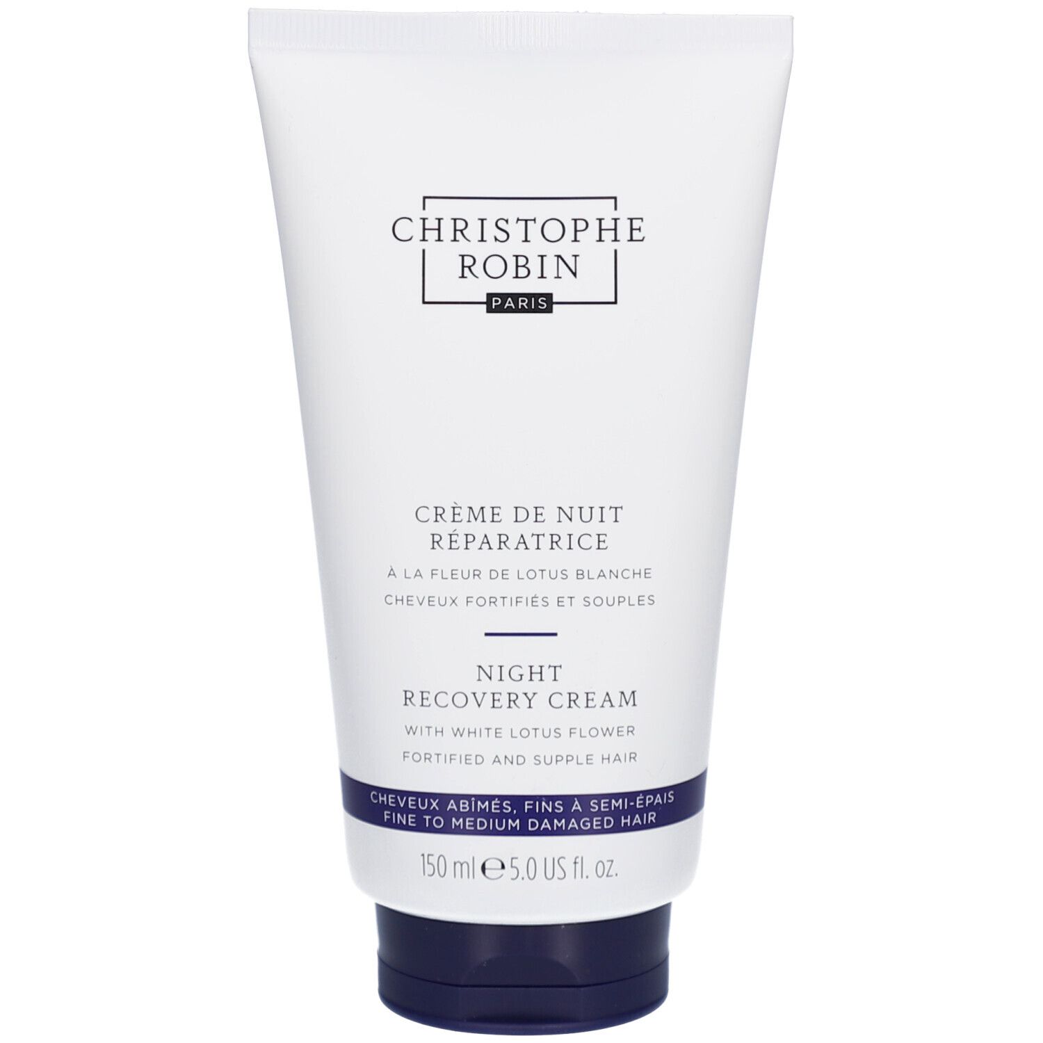 Weiße Tube mit schwarzem Deckel. Aufschrift: Christophe Robin. Text: Crème de Nuit Réparatrice, Night Recovery Cream. 150 ml.