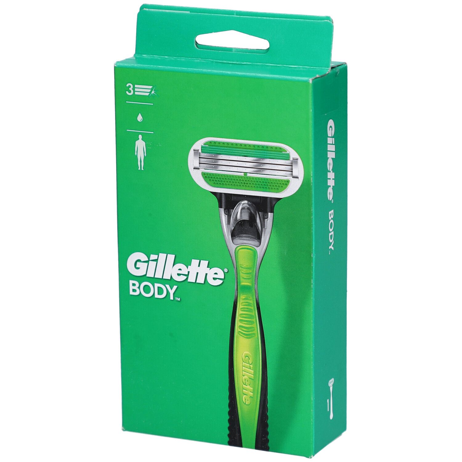 Emballage vert avec rasoir. Rasoir Gillette Body avec manche vert et tête argentée. 3 lames.