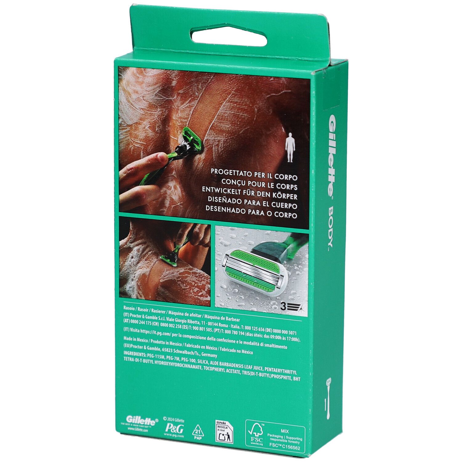 Dos de l'emballage vert. Application du rasoir montrée. Texte: Progettato per il corpo, Entwickelt für den Körper.
