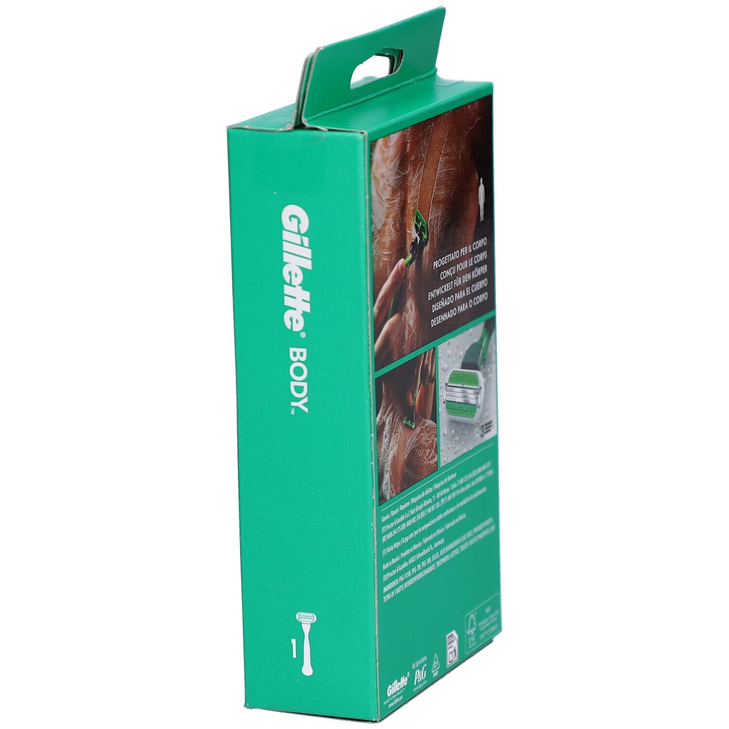 Emballage vert avec application du rasoir. Texte: Progettato per il corpo, Entwickelt für den Körper, Diseñado para el cuerpo.