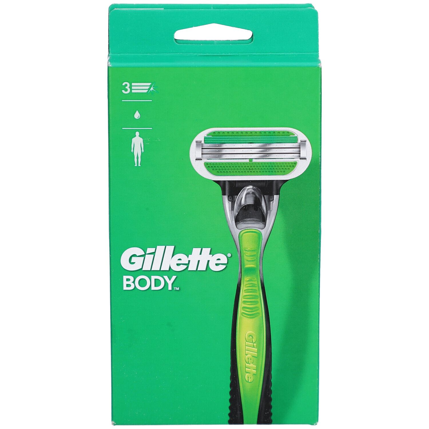 Emballage vert avec rasoir. Rasoir Gillette Body avec manche vert et tête argentée. 3 lames.