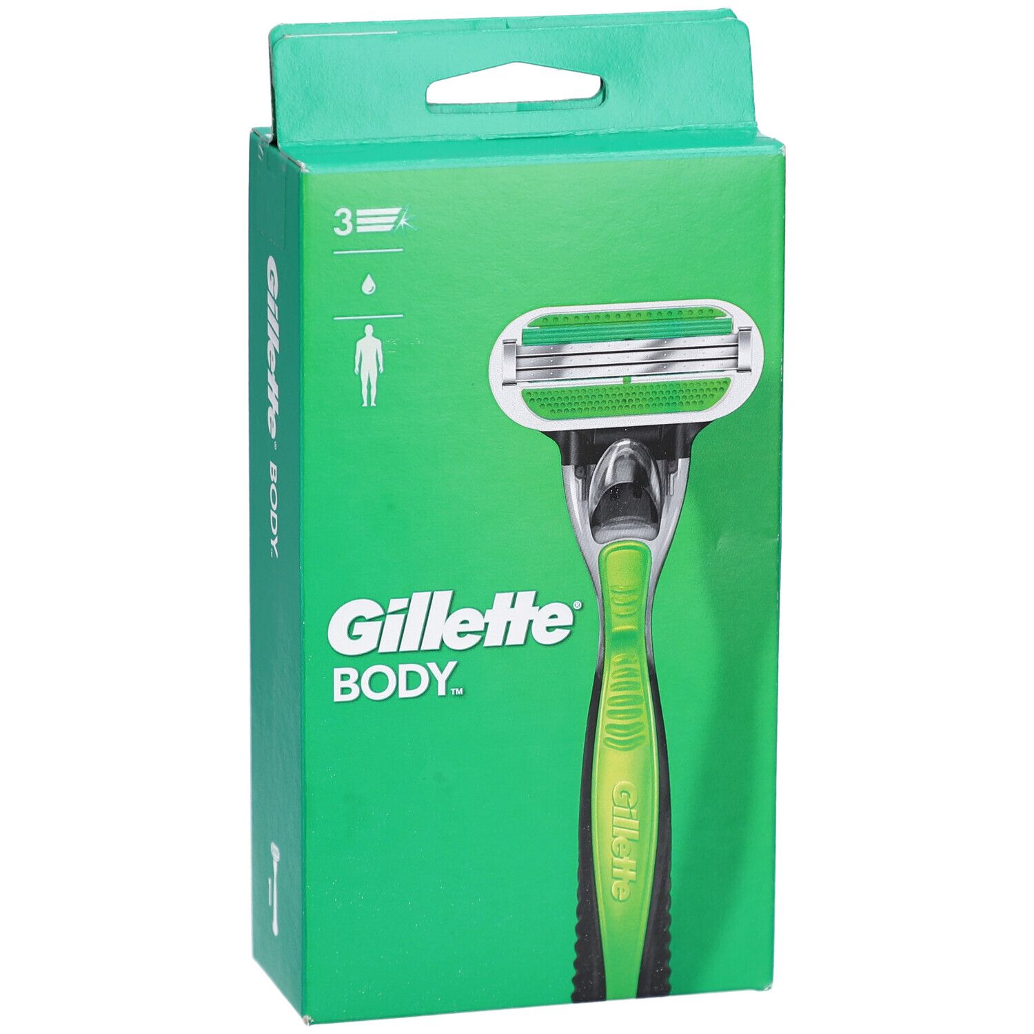 Emballage vert avec rasoir. Rasoir Gillette Body avec manche vert et tête argentée. 3 lames.