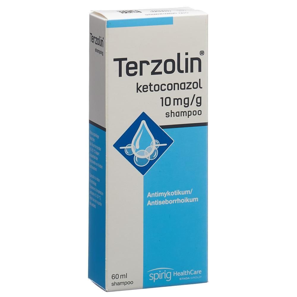 Kartonverpackung mit Produktnamen Terzolin, Ketoconazol 10 mg/g Shampoo. Blaue und weiße Farbgebung. 60 ml.