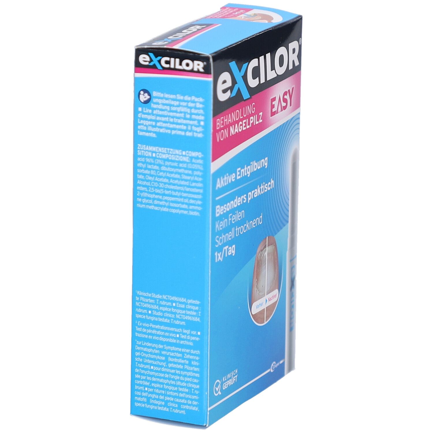 Blaue Schachtel EXCILOR EASY. Text: Behandlung von Nagelpilz. Stift daneben. Produktinformationen auf der Seite.