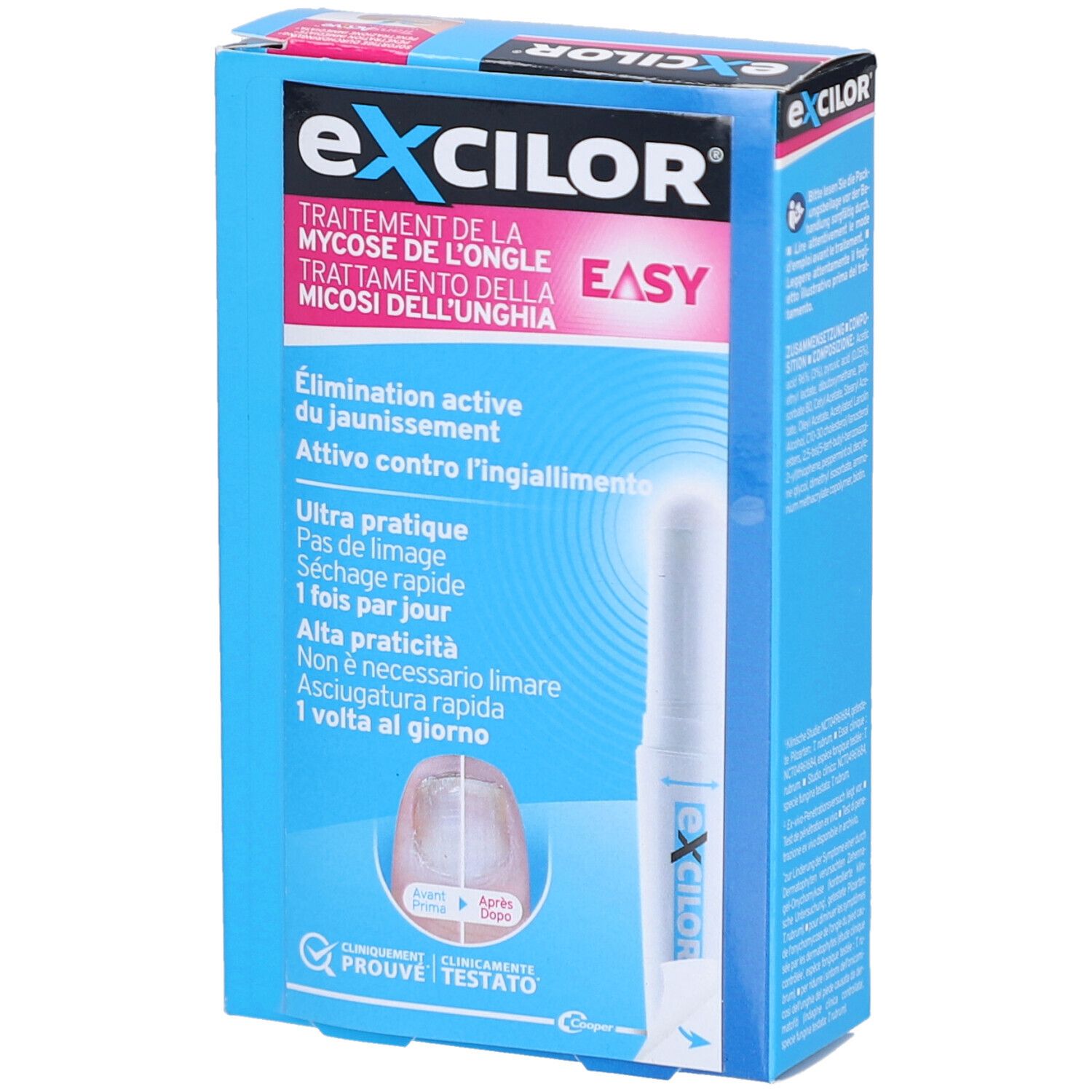 Blaue Schachtel EXCILOR EASY. Text: Behandlung von Nagelpilz. Stift daneben. Mehrsprachige Texte.