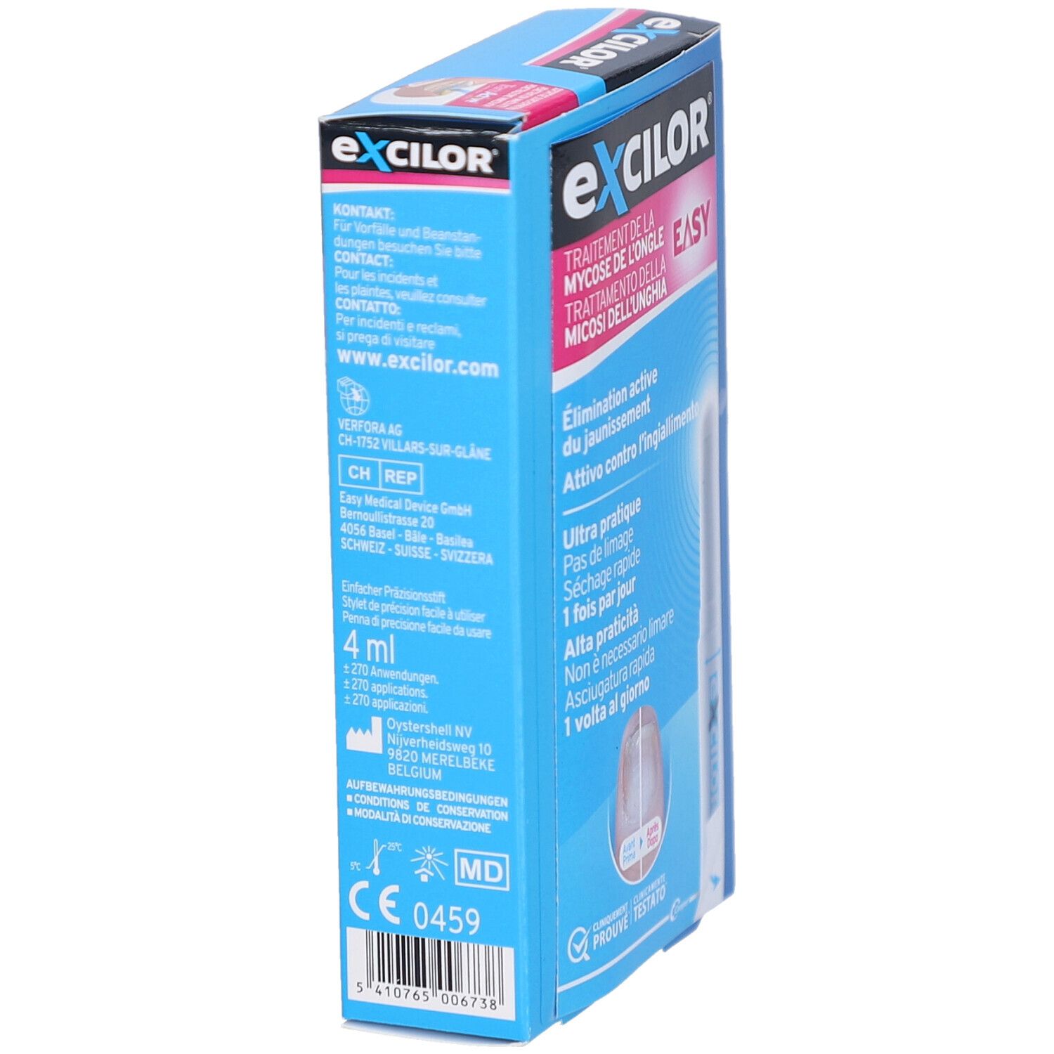 Blaue Schachtel EXCILOR EASY. Text: Behandlung von Nagelpilz. Stift daneben. Produktinformationen und Kontakt.