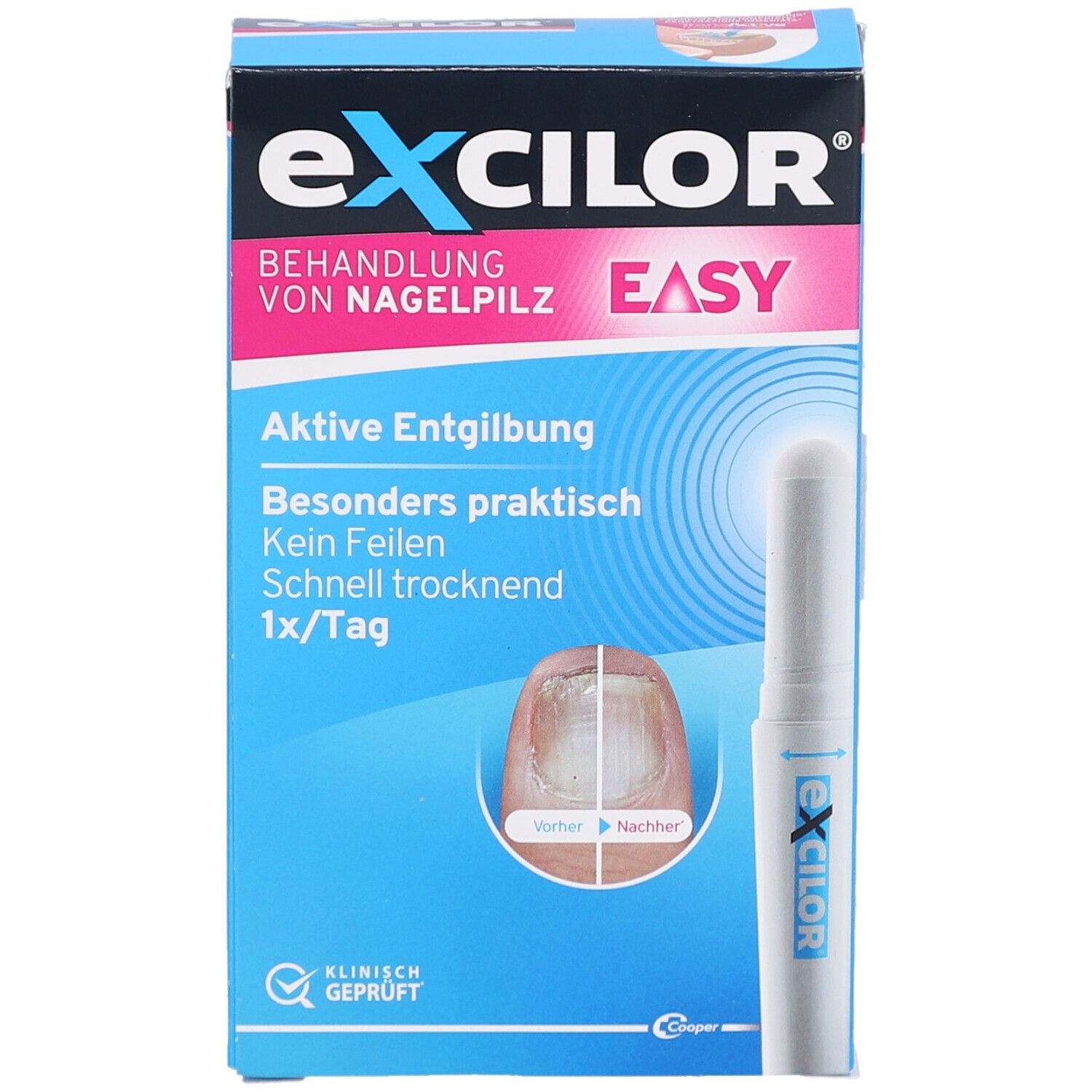 Schachtel EXCILOR EASY. Text: Behandlung von Nagelpilz. Stift daneben. Vorher/Nachher-Bild. Klinisch geprüft.
