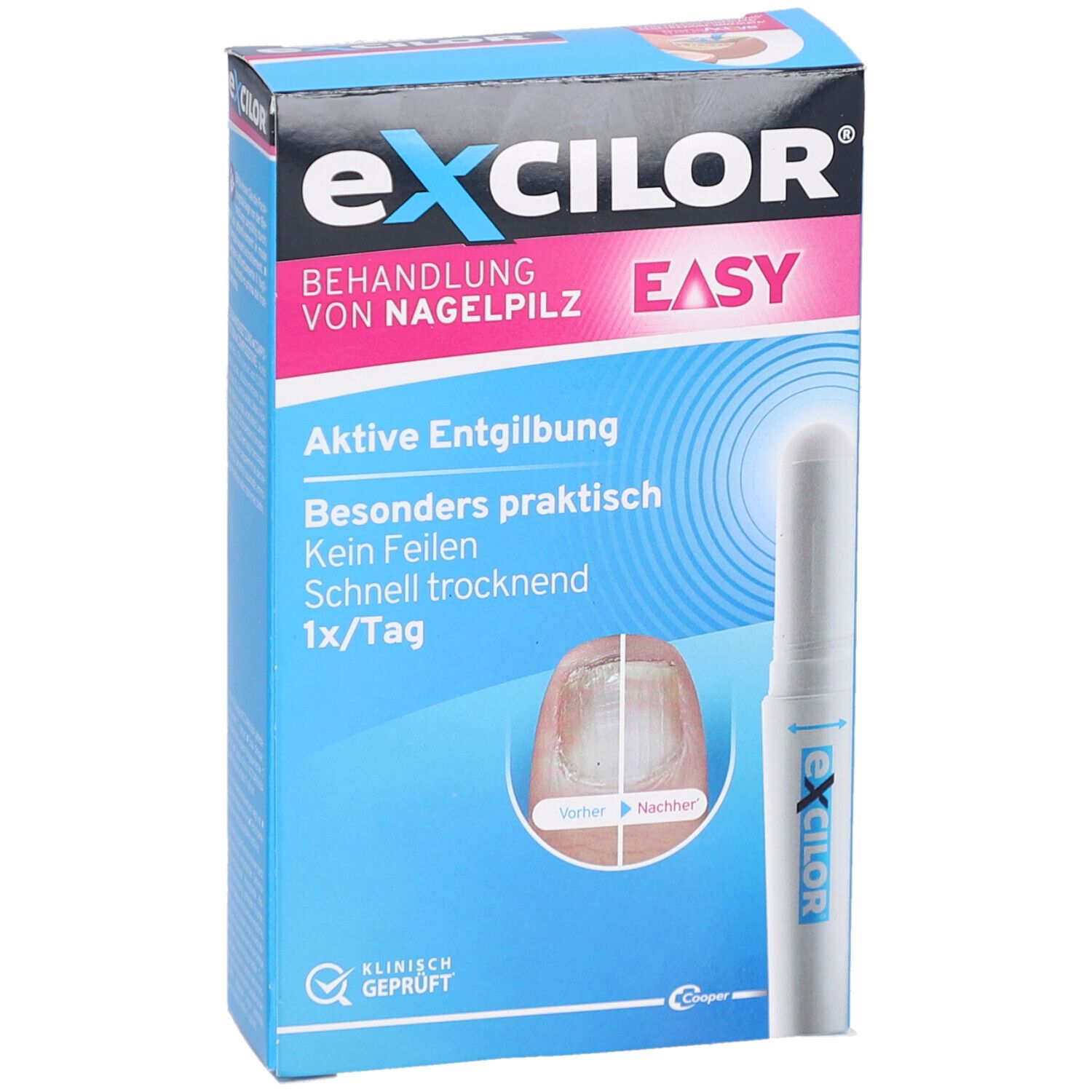Schachtel EXCILOR EASY. Text: Behandlung von Nagelpilz. Stift daneben. Vorher/Nachher-Bild. Klinisch geprüft.