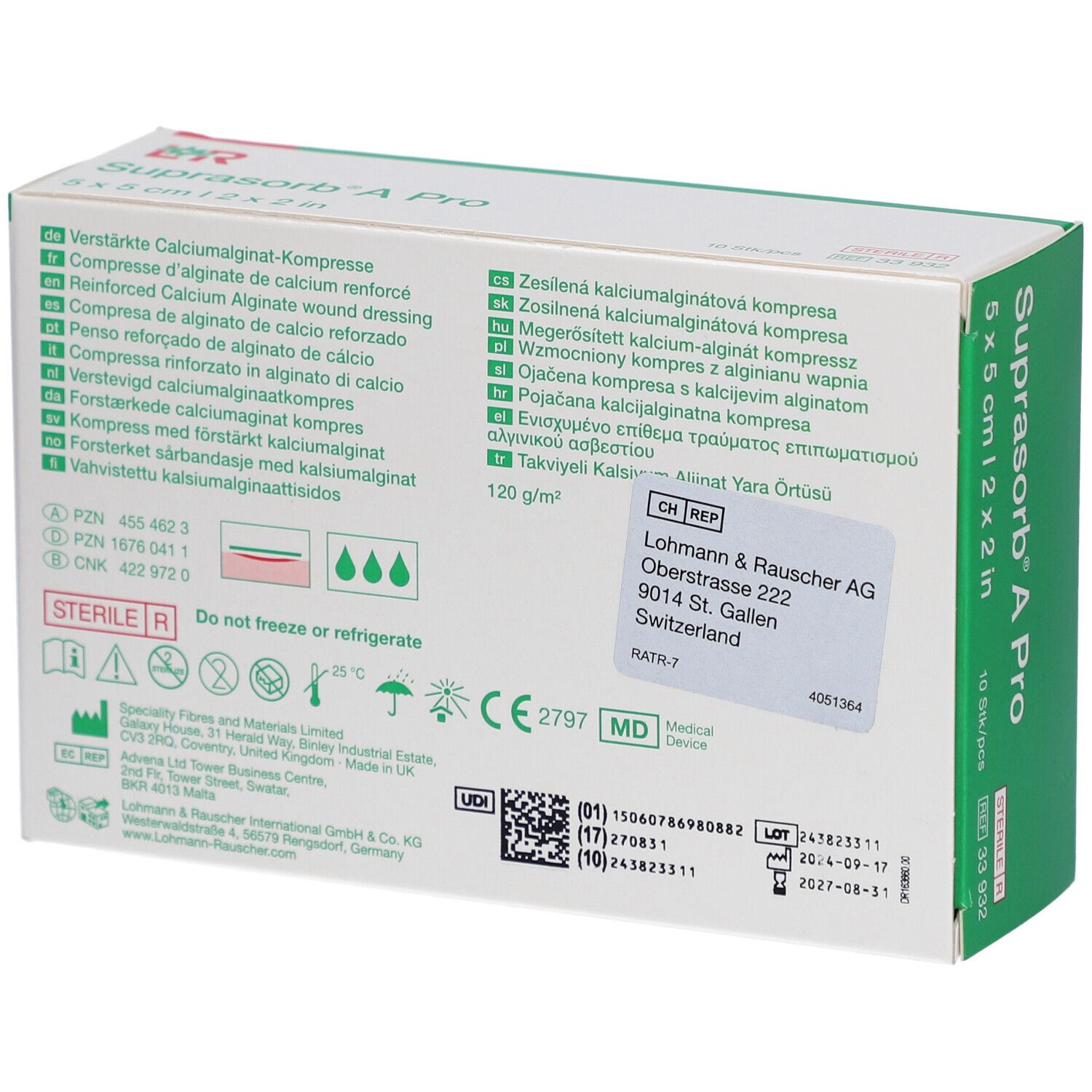 Dos de la boîte de compresses Suprasorb® A Pro. Informations produit, adresse fabricant, marquage CE.