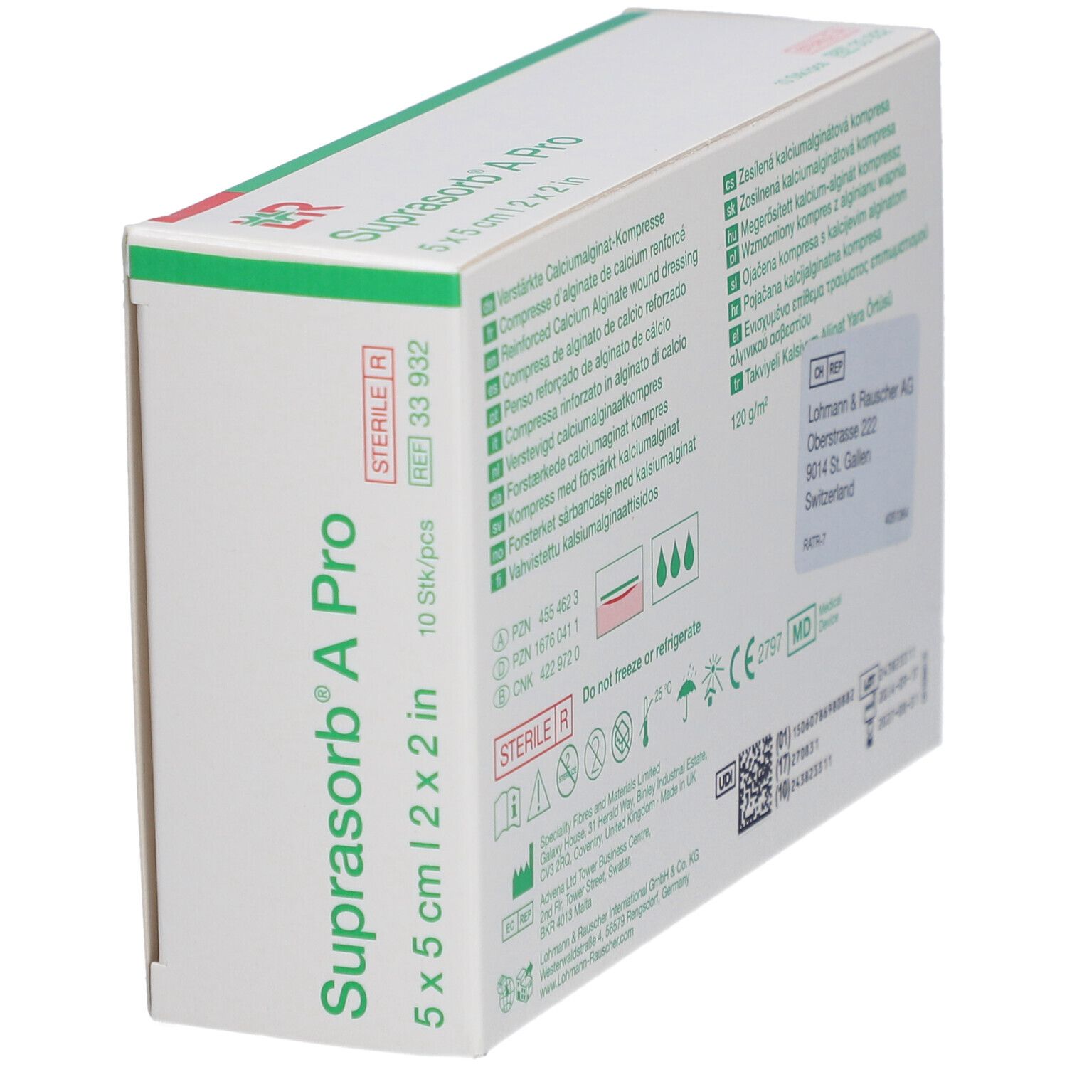 Boîte de compresses Suprasorb® A Pro en biais. Informations produit, 5 x 5 cm, 10 pièces.