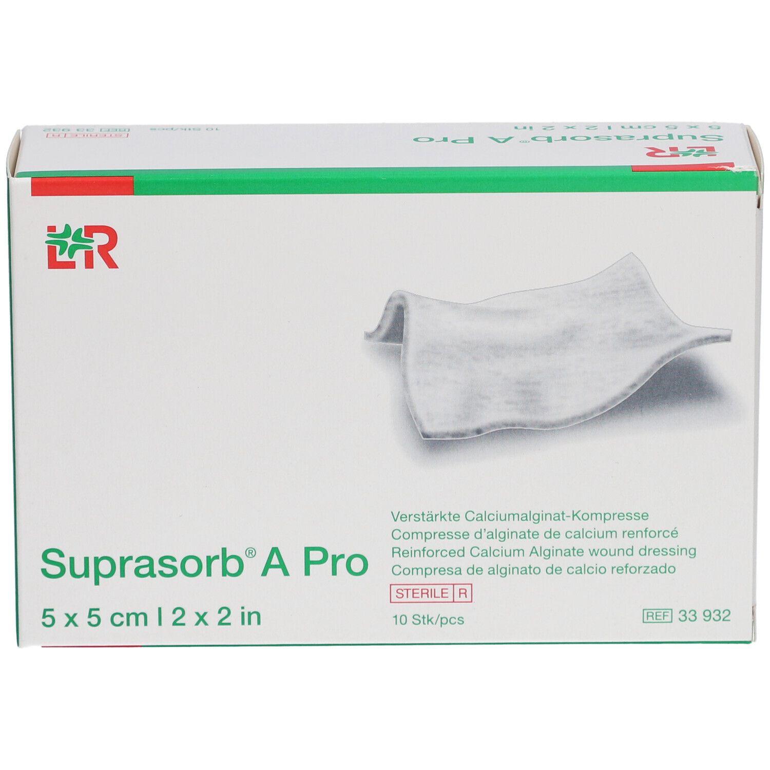 Boîte de compresses Suprasorb® A Pro. 5 x 5 cm. 10 pièces. Compresse stérile. Logo L&R. Compresse visible.