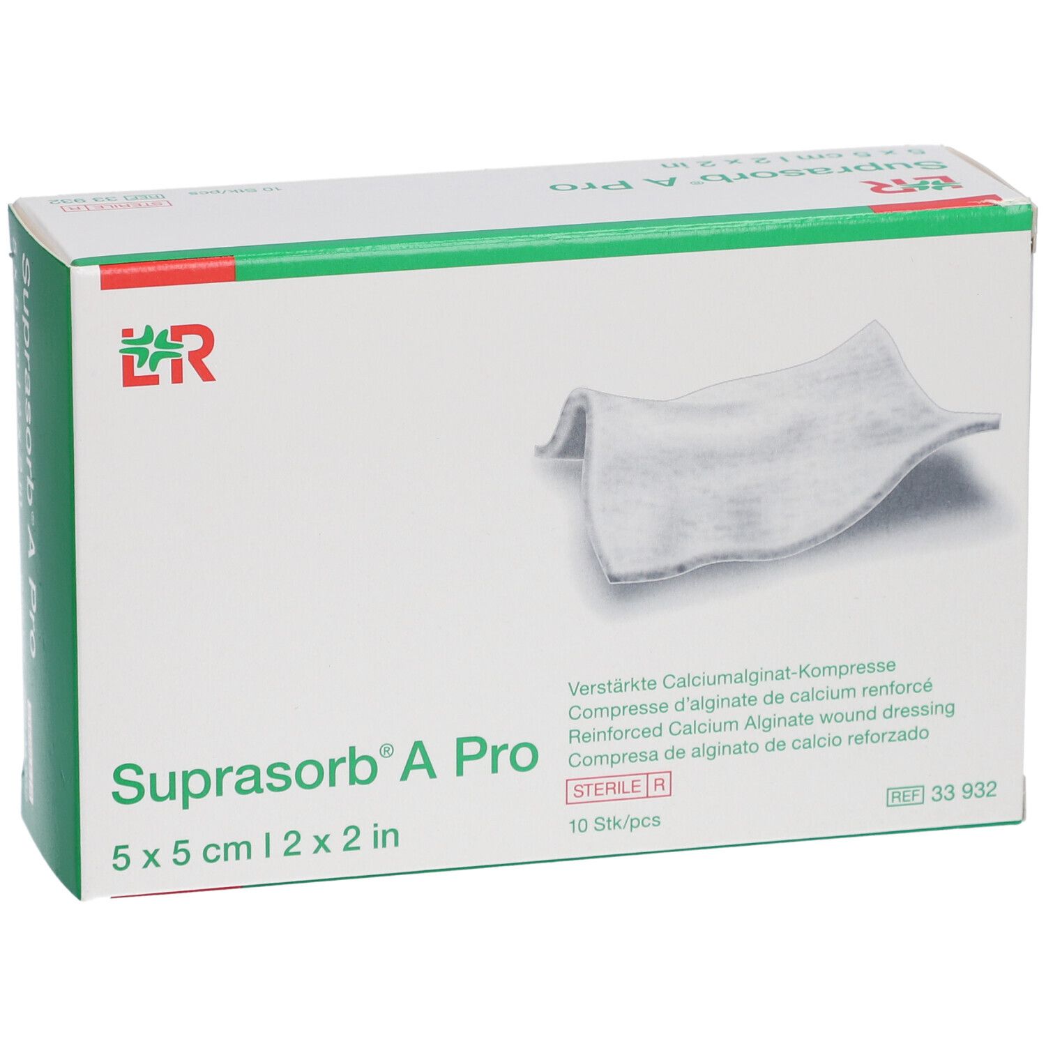 Boîte de compresses Suprasorb® A Pro. 5 x 5 cm. 10 pièces. Compresse stérile. Logo L&R. Compresse visible.