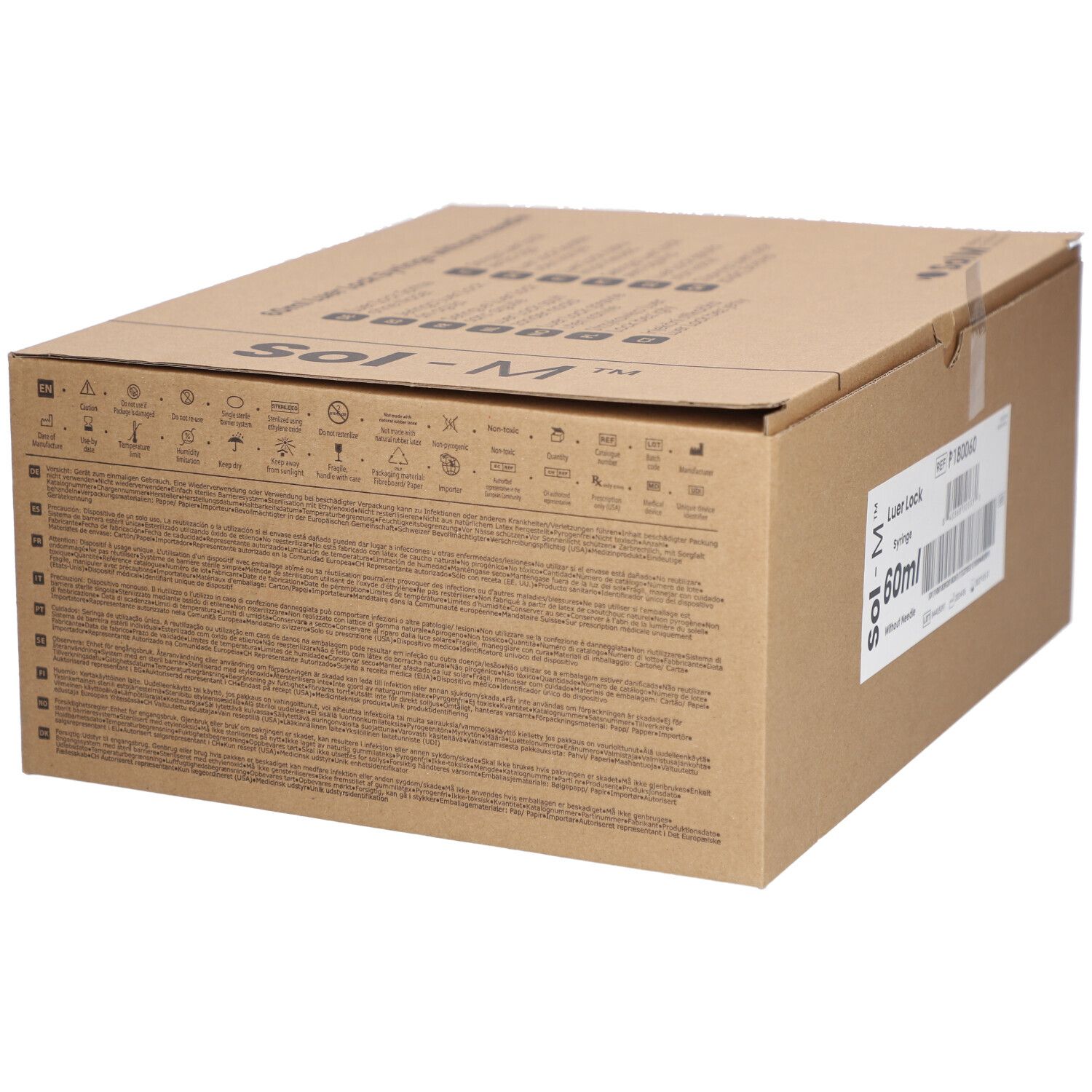 Karton mit Sol-M® Spritzen. Aufschrift: Luer Lock, 60ml. Text und Symbole auf der Verpackung.
