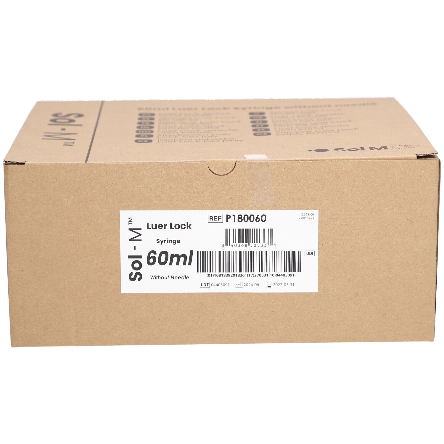 Karton mit Sol-M® Spritzen. Aufschrift: Luer Lock, 60ml, ohne Nadel. Barcode und Referenznummer.