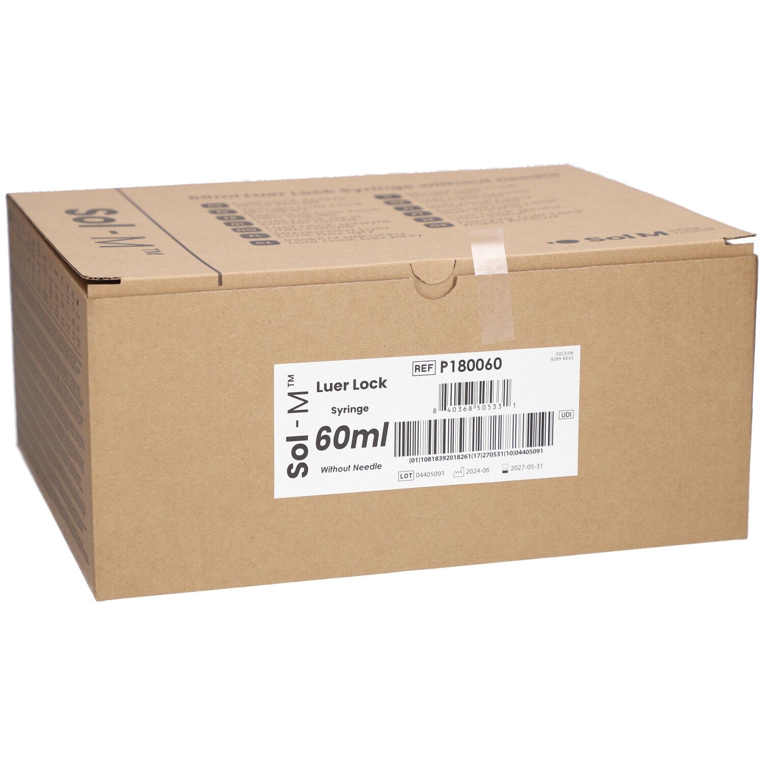 Karton mit Sol-M® Spritzen. Aufschrift: Luer Lock, 60ml, ohne Nadel. Barcode und Referenznummer.