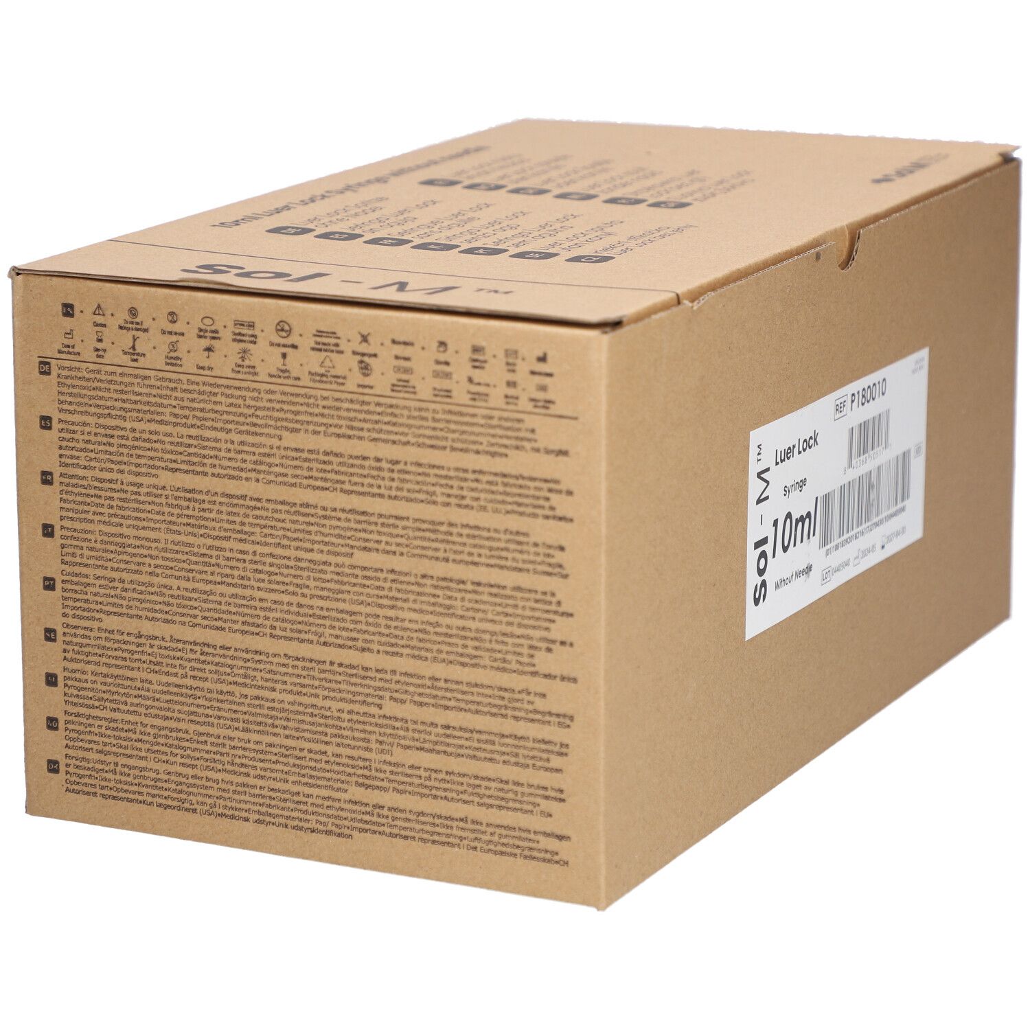 Kartonverpackung, seitliche Ansicht. Aufschrift: Sol-M, Luer Lock, 10ml. Text in mehreren Sprachen.