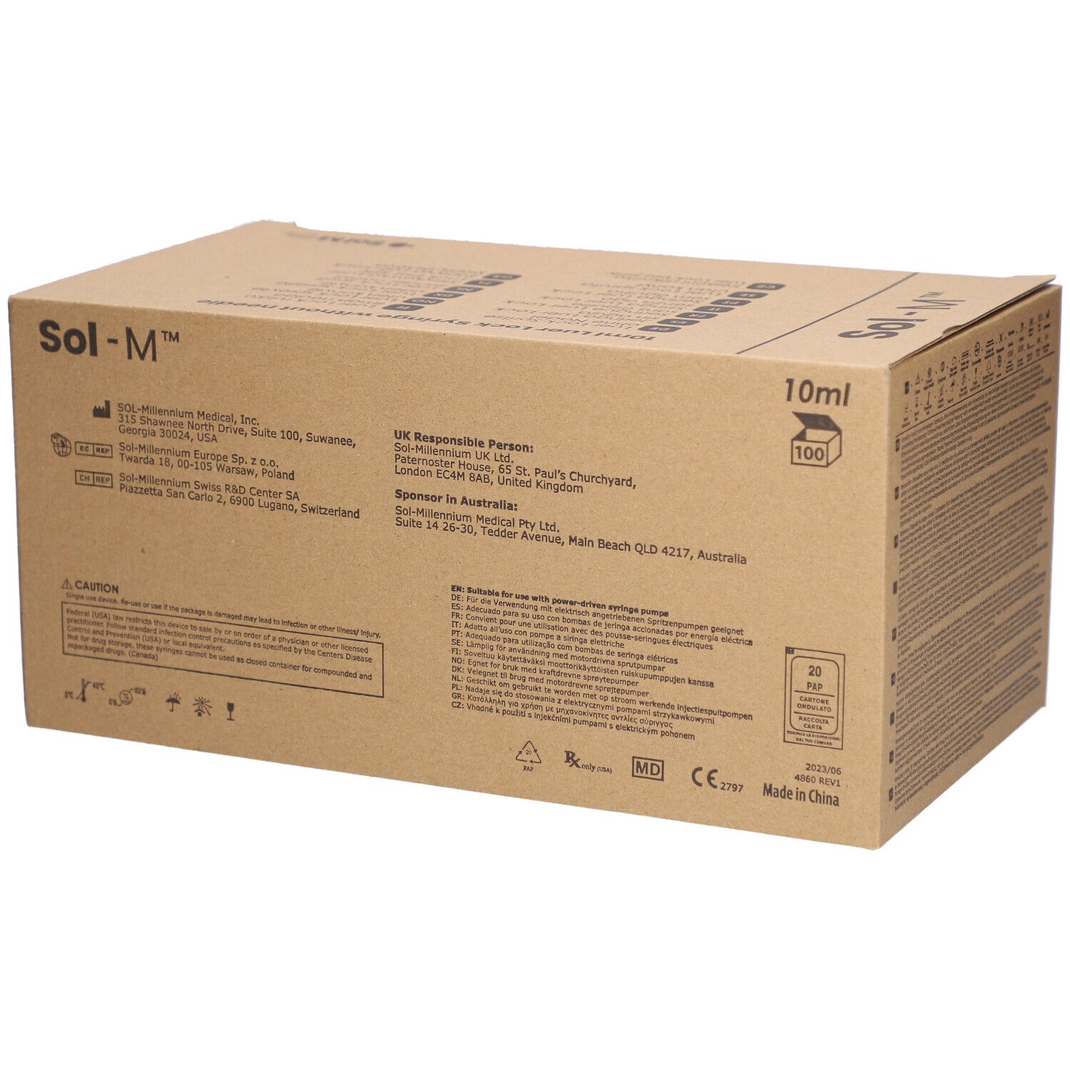 Kartonverpackung mit Text und Symbolen. Aufschrift: Sol-M, 10ml. Zertifizierungen: CE, MD.