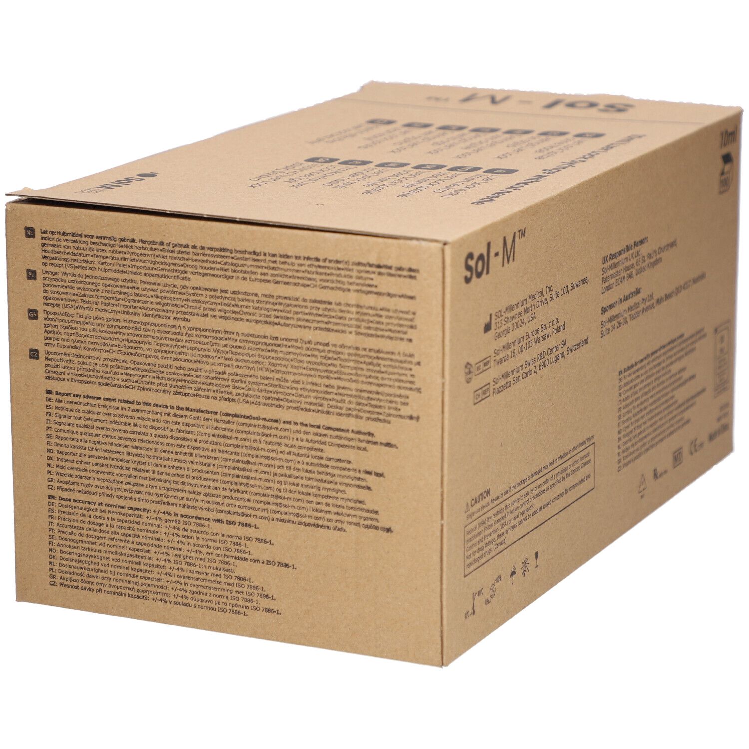 Kartonverpackung, seitliche Ansicht. Aufschrift: Sol-M, Text in mehreren Sprachen. Zertifizierungen.