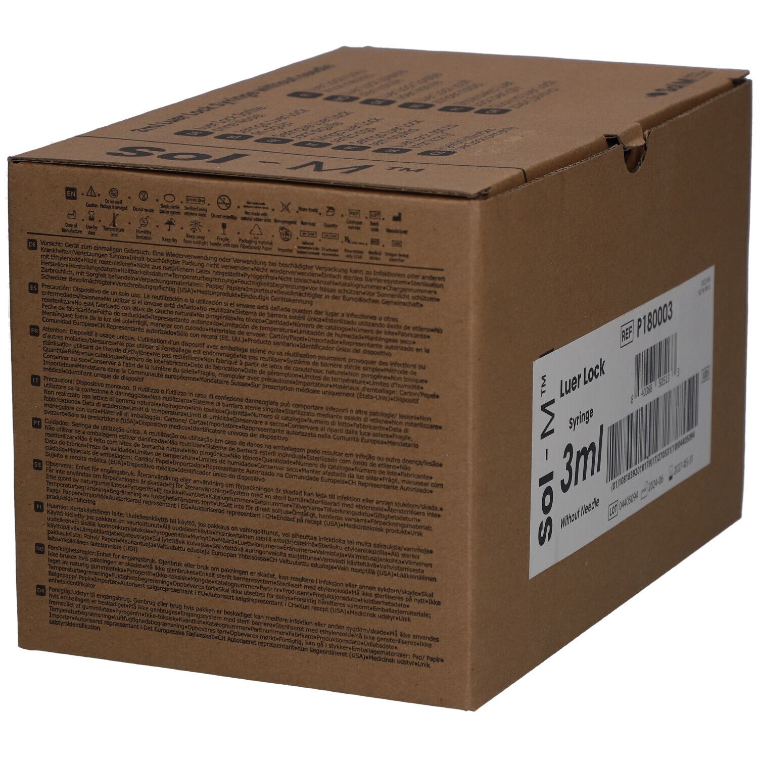 Karton mit Sol-M® Spritzen. Auf der Seite sind Produktinformationen und Symbole abgebildet.