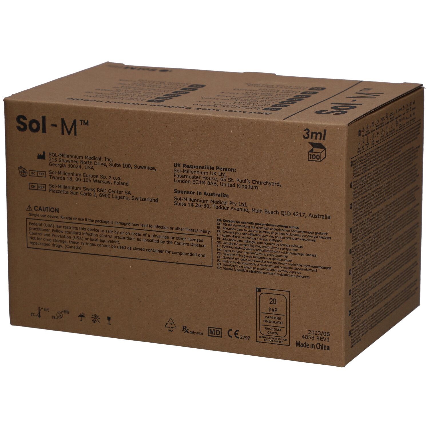 Karton mit Sol-M® Spritzen. Auf der Rückseite sind Produktinformationen und Logos abgebildet.