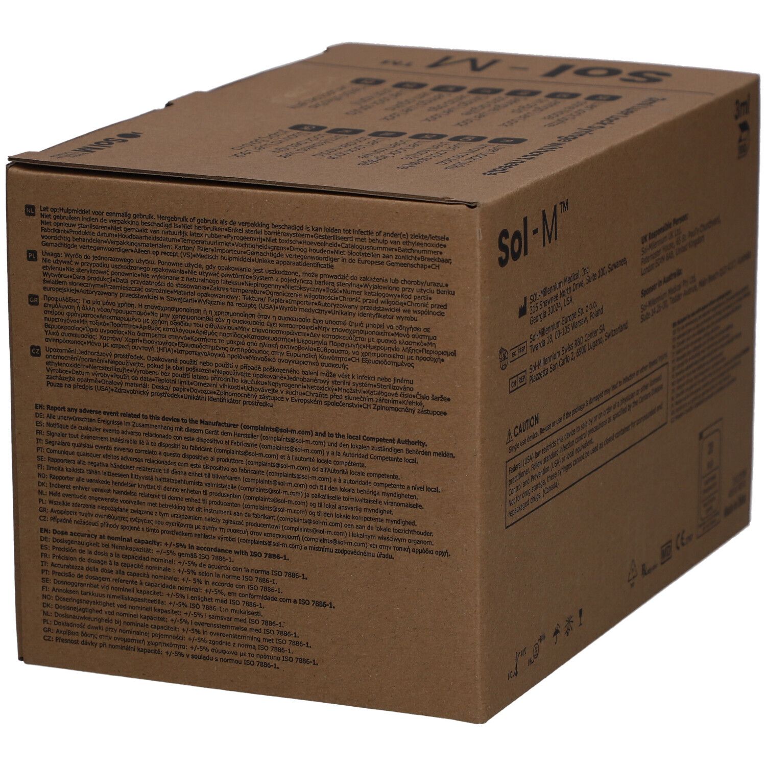 Karton mit Sol-M® Spritzen. Auf der Seite sind Produktinformationen und Logos abgebildet.
