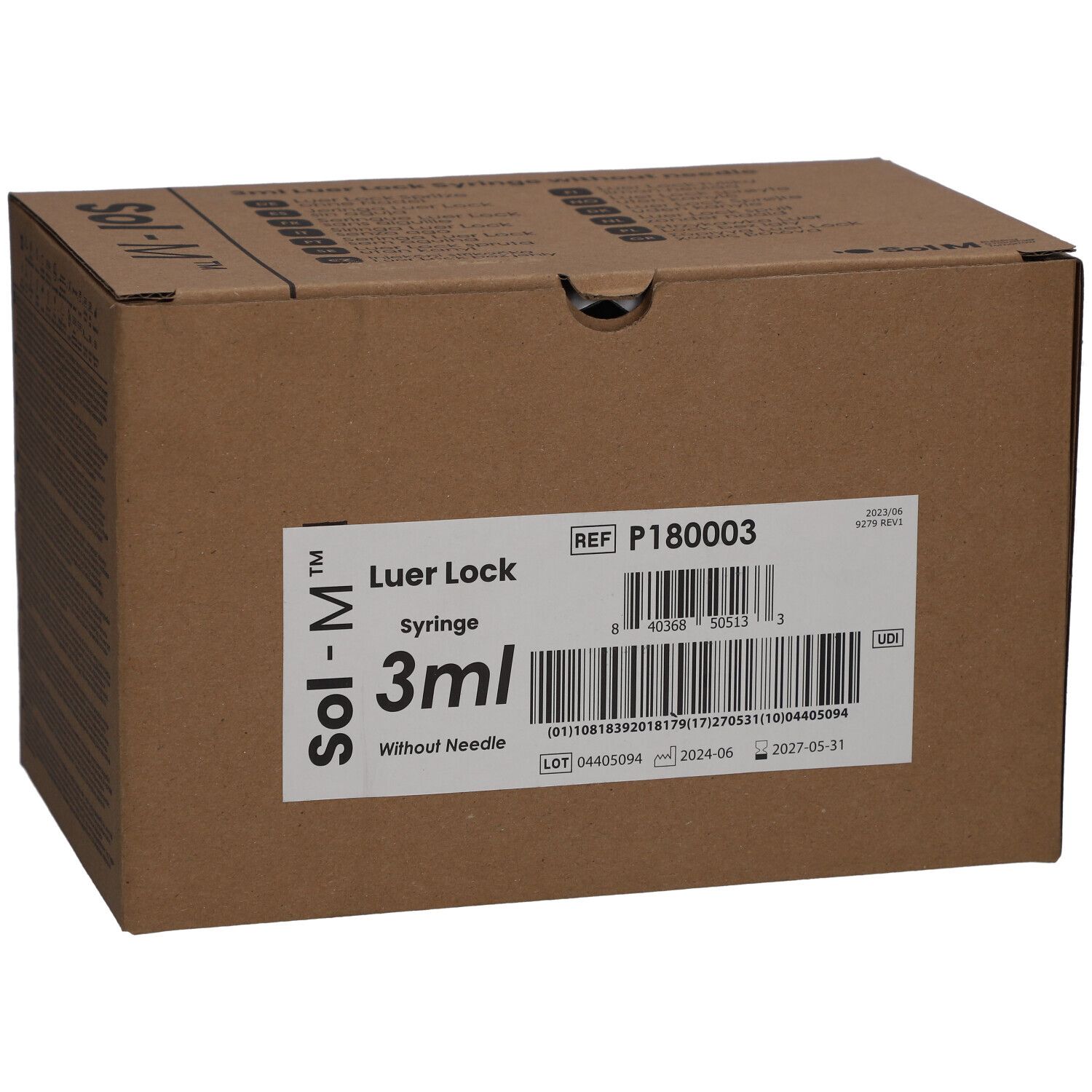 Karton mit Sol-M® Spritzen. Aufkleber mit Produktinformationen: 3 ml Luer Lock, steril, ohne Nadel.