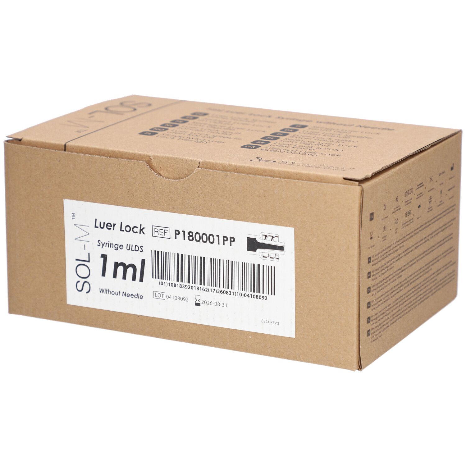 Karton mit Sol-M® Spritzen. Aufschrift: Luer Lock, 1 ml, ohne Nadel. Barcode und Produktinformationen.