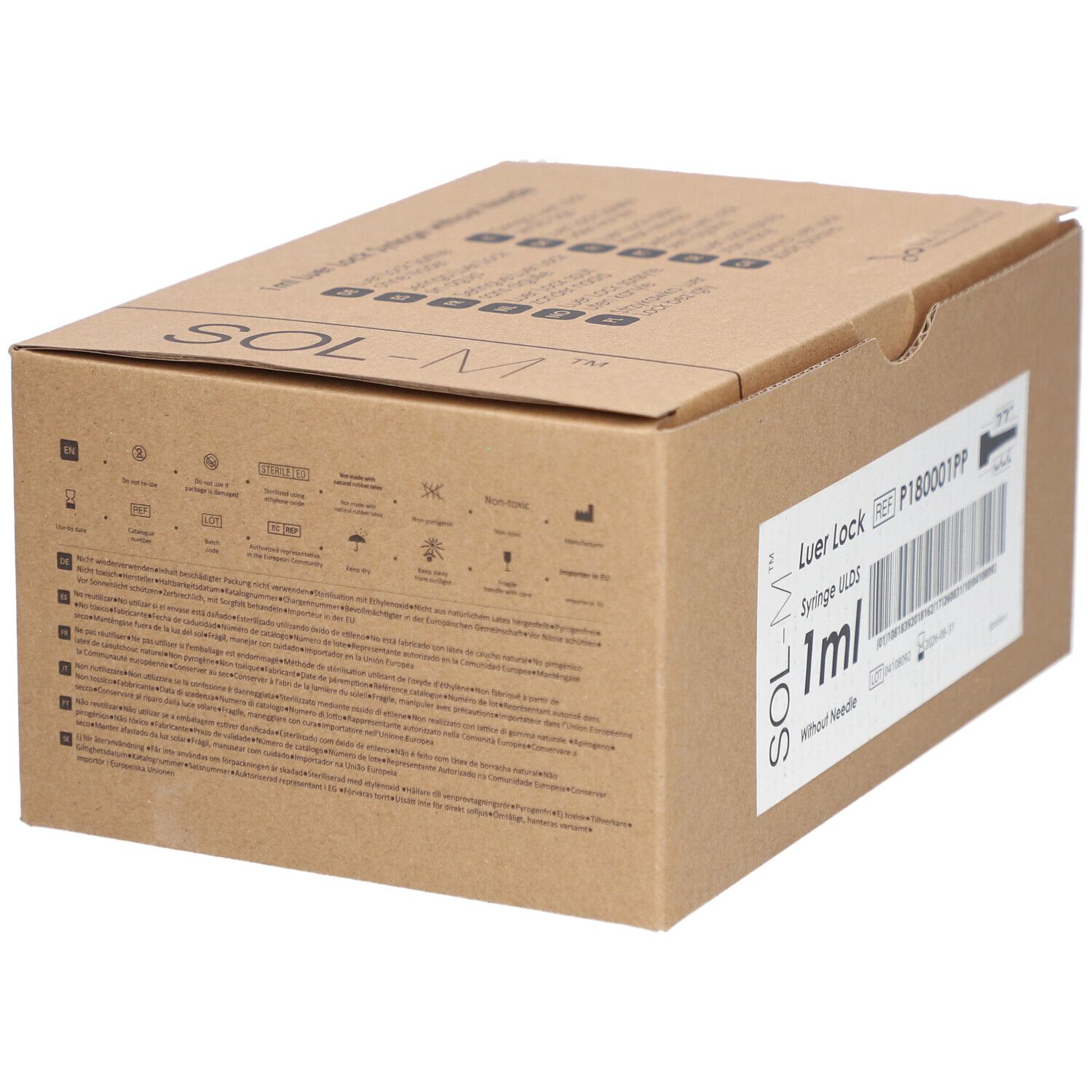 Karton mit Sol-M® Spritzen. Aufschrift: Luer Lock, 1 ml, ohne Nadel. Verpackung mit Produktinformationen.