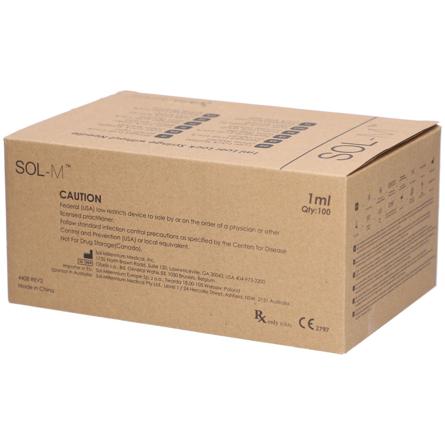 Karton mit Sol-M® Spritzen. Aufschrift: Luer Lock, 1 ml, ohne Nadel. Warnhinweise und CE-Zeichen.