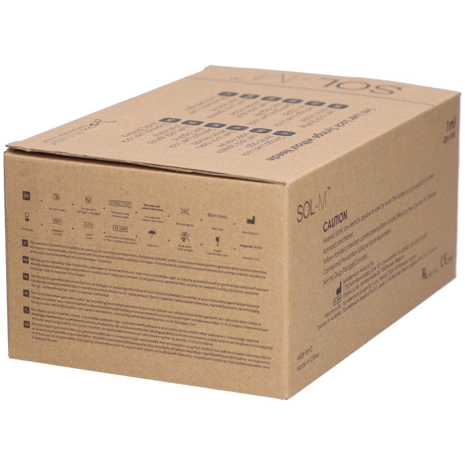 Karton mit Sol-M® Spritzen. Aufschrift: Luer Lock, 1 ml, ohne Nadel. Warnhinweise und CE-Zeichen.