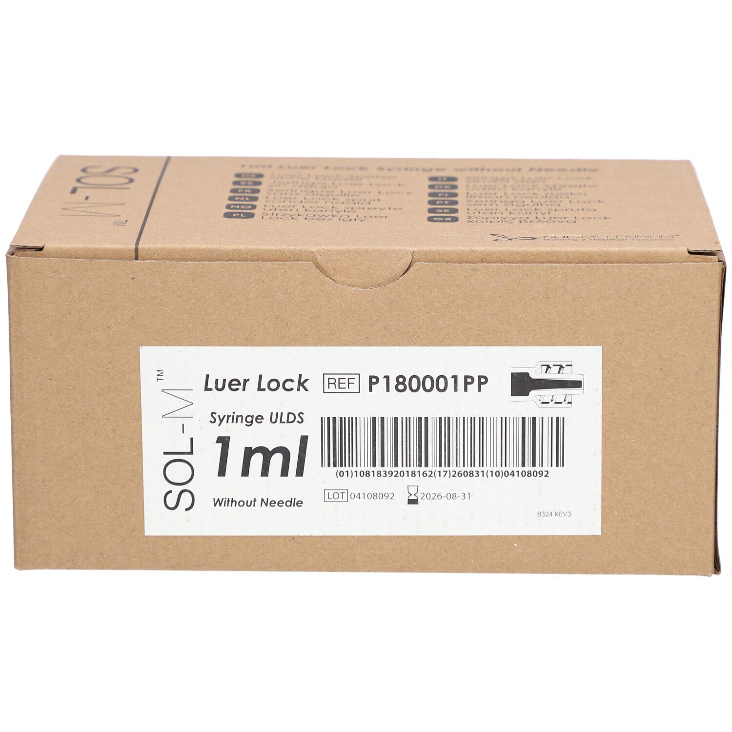Karton mit Sol-M® Spritzen. Aufschrift: Luer Lock, 1 ml, ohne Nadel. Barcode und Produktinformationen.