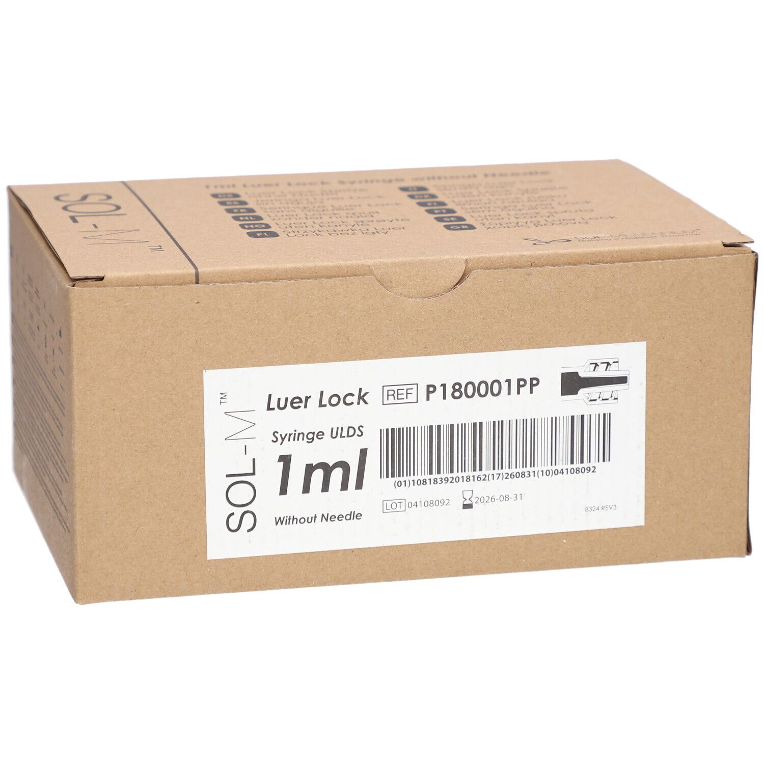 Karton mit Sol-M® Spritzen. Aufschrift: Luer Lock, 1 ml, ohne Nadel. Barcode und Produktinformationen.