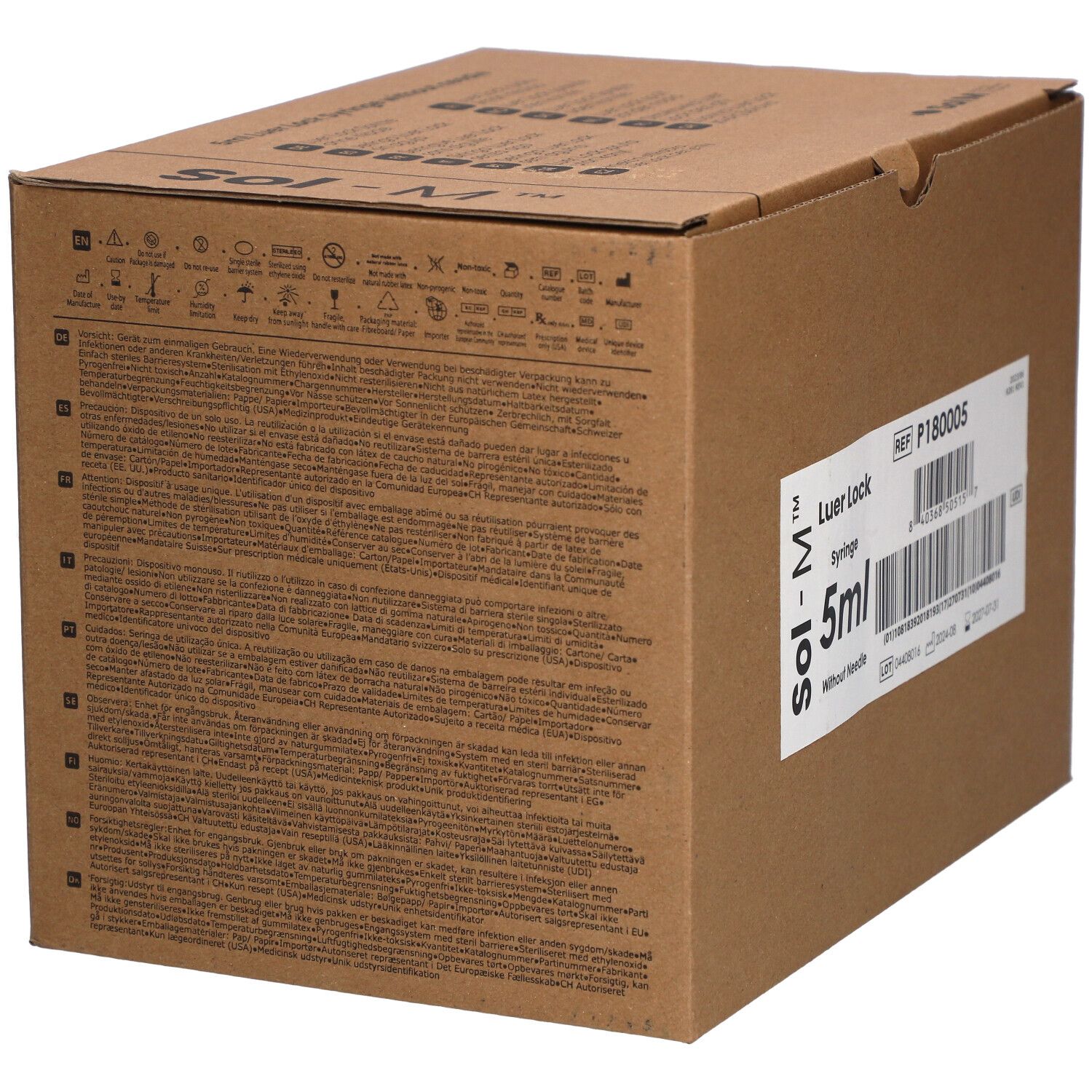 Karton mit Sol-M® Spritzen. Auf der Seite Text und Symbole. Produktinformationen auf einem Etikett.