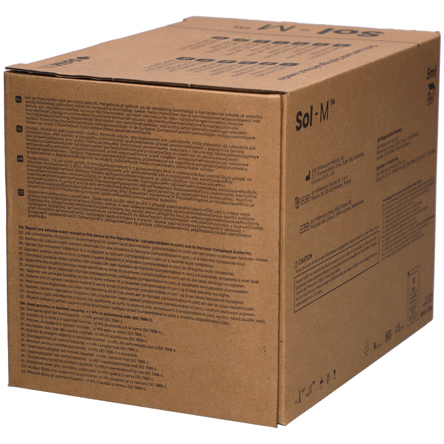 Karton mit Sol-M® Spritzen. Auf der Seite Text und Symbole. Produktinformationen auf einem Etikett.