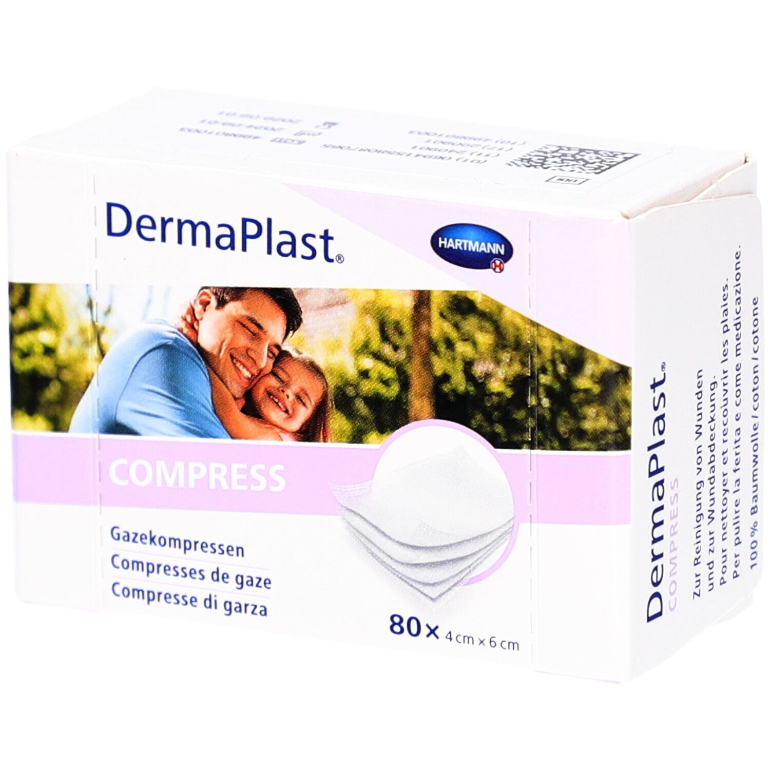 Boîte de compresses de gaze DERMAPLAST. 80 pièces, 4x6cm. Logo Hartmann. Image d'un père et d'un enfant.