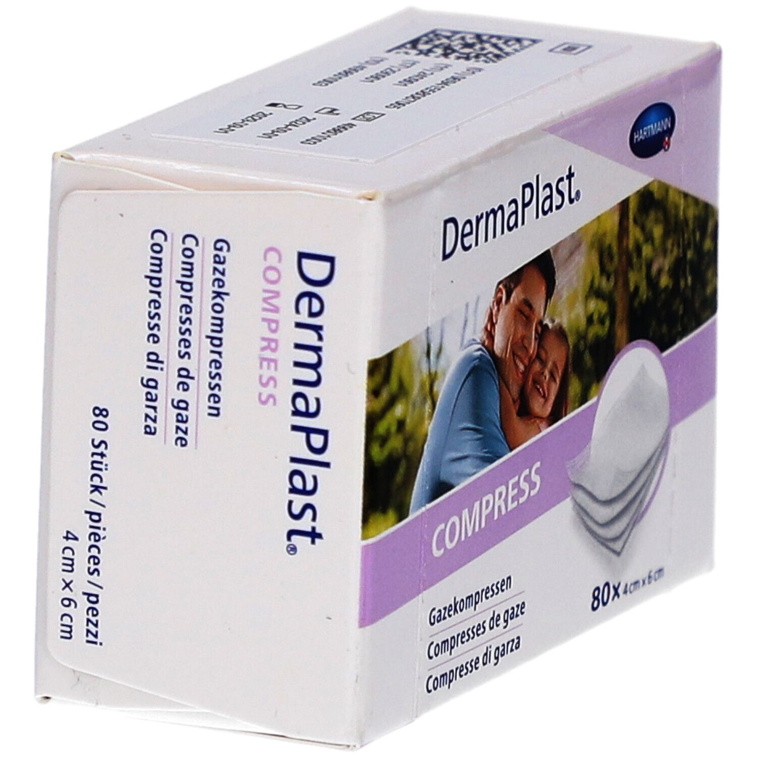 Boîte de compresses de gaze DERMAPLAST. 80 pièces, 4x6cm. Logo Hartmann. Vue latérale de la boîte.