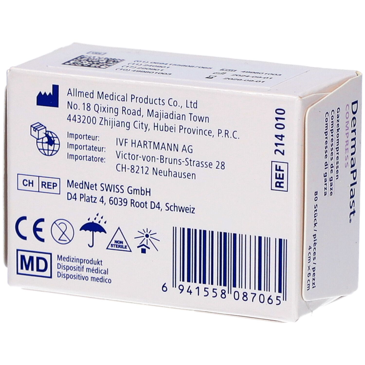 Dos de la boîte DERMAPLAST Compress. Dispositif médical. Marquage CE. Informations fabricant.