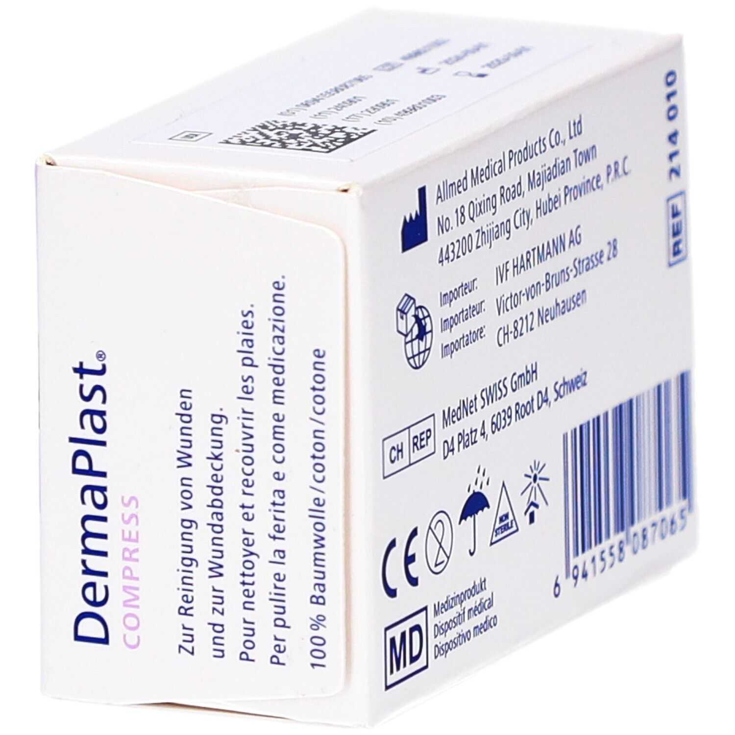 Boîte DERMAPLAST Compress. Dispositif médical. Marquage CE. Dos avec texte et symboles.