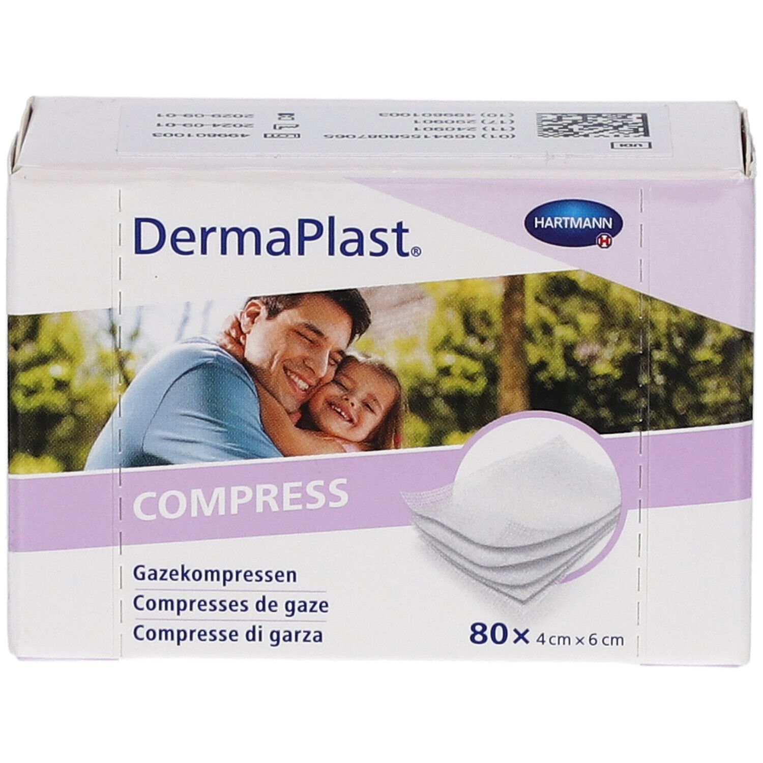 Boîte de compresses de gaze DERMAPLAST. 80 pièces, 4x6cm. Logo Hartmann. Vue de face.
