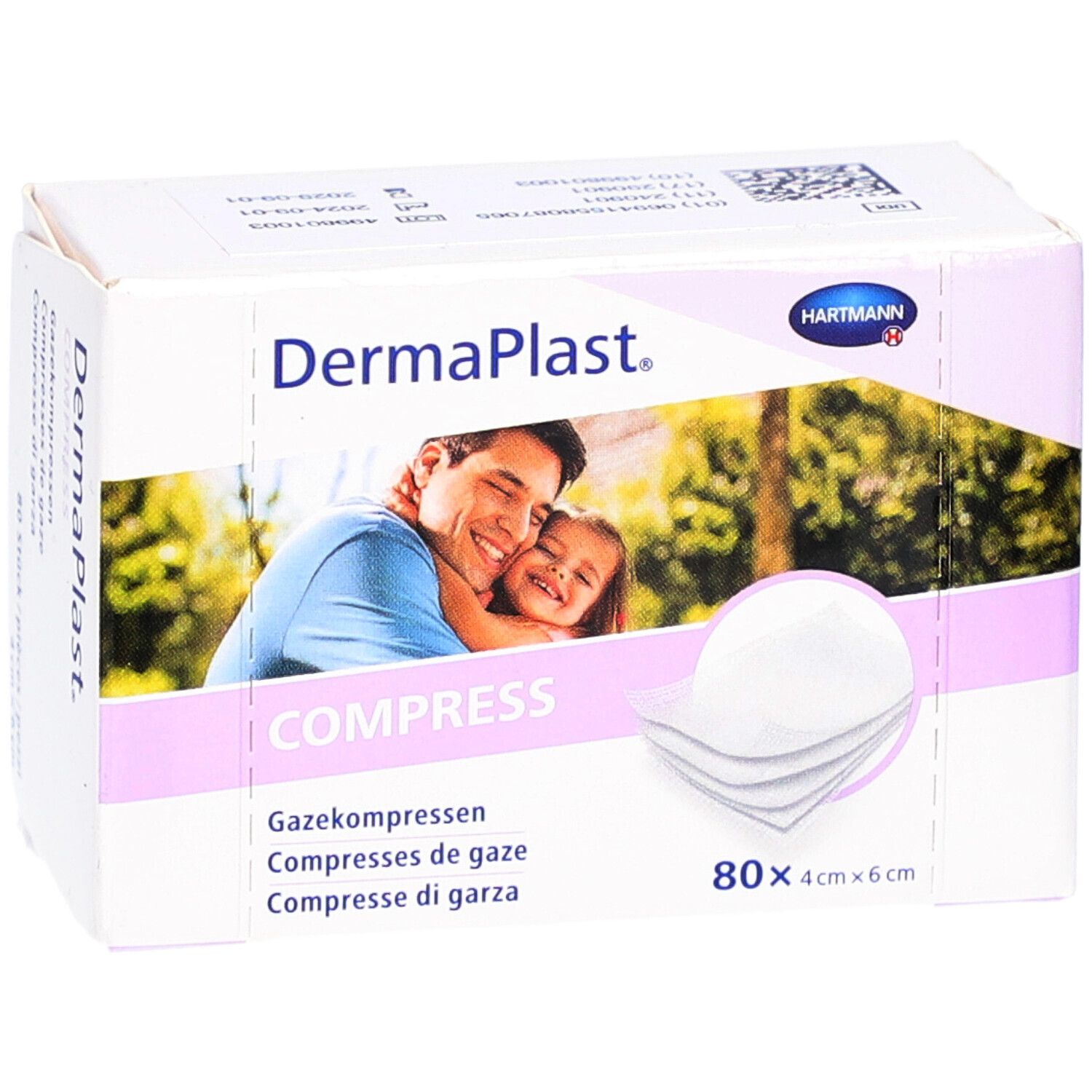 Boîte de compresses de gaze DERMAPLAST. 80 pièces, 4x6cm. Logo Hartmann. Vue de face.